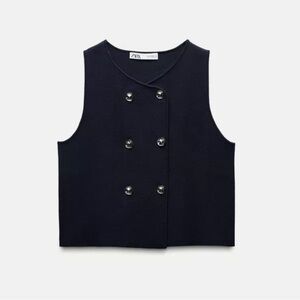 Zara Navy Blue Plain Knit Crop Top Double Breasted Tailored Vest- Small